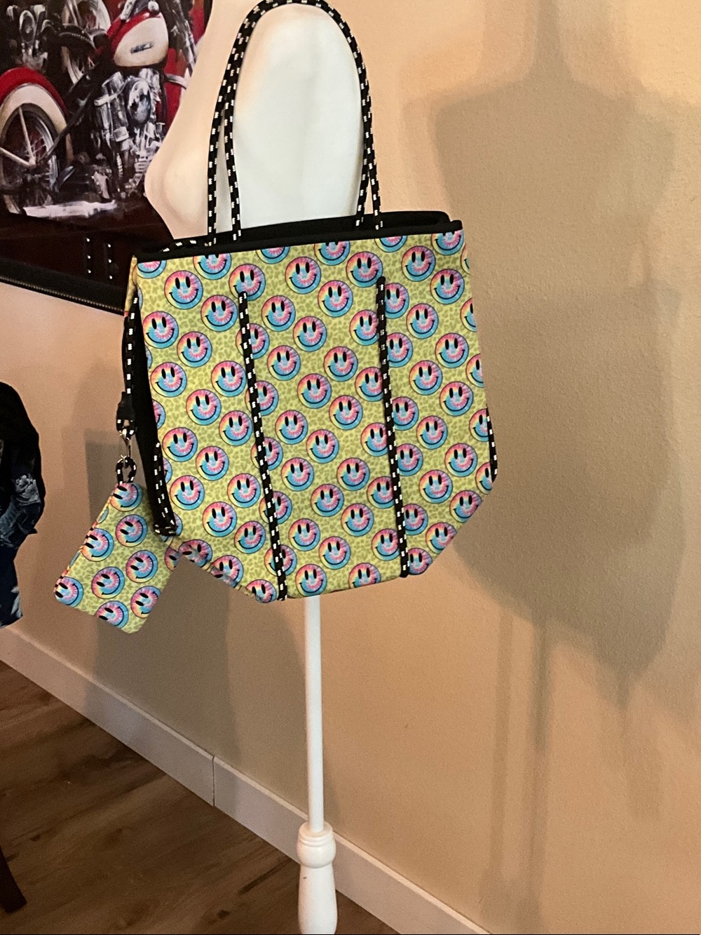 Colorful Smiley Tote Bag  Neoprene waterproof - Yellow Pink Blue